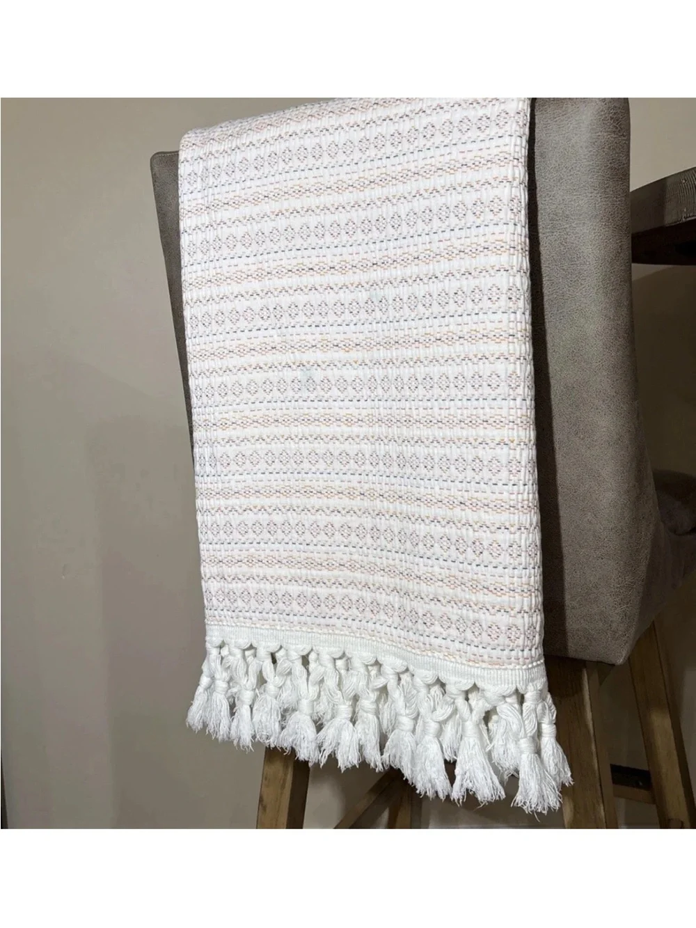 Anthropologie Fringe Tasseled Cotton Throw Blanket Textured Boho Pastel 50x70